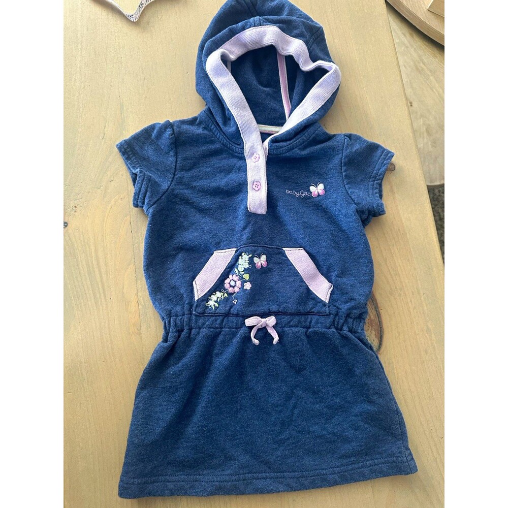 Vintage babyGap Girls 18-24 Months Blue Pink Hooded Knit Dress Embroidered